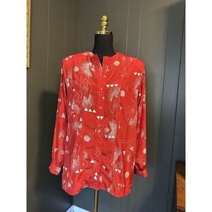 Erena Red Artsy Vintage Long Sleeve Blouse Top‎ Shoulder Pads 10